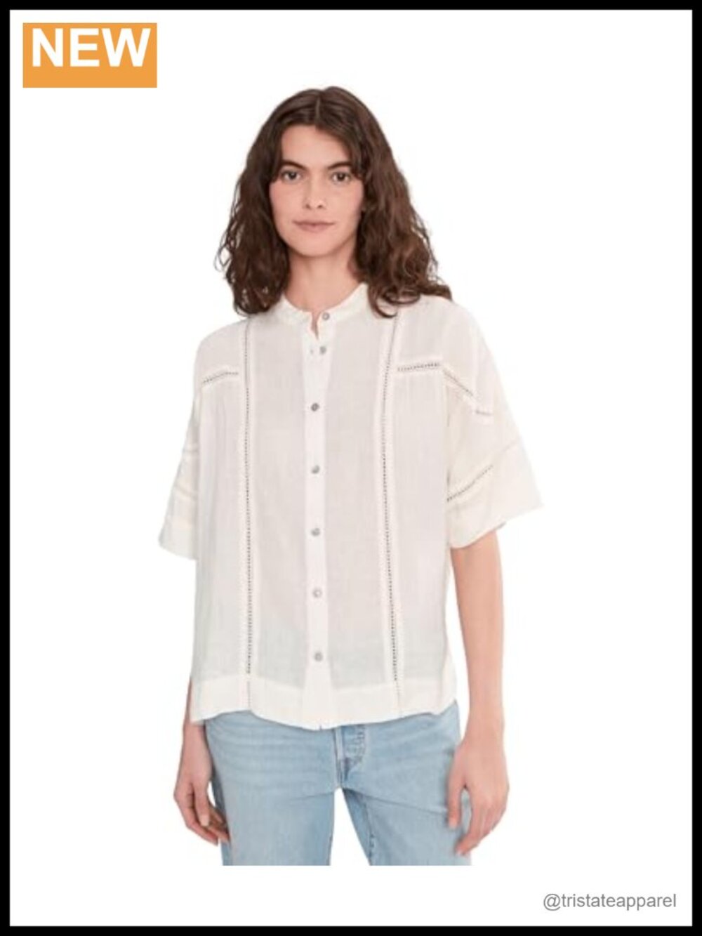 Linen Lace Trim Short Sleeve Button Front Blouse